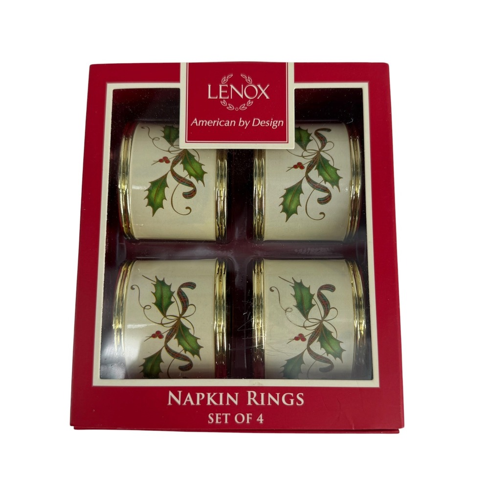 Lenox Holiday Napkin Rings Set Of 4 Gold Trim Holly Plaid Christmas Nouveau NEW